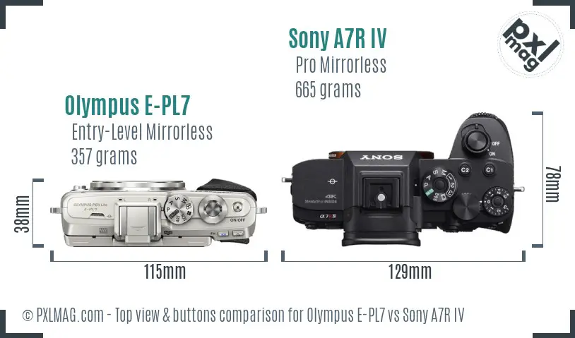 Olympus E-PL7 vs Sony A7R IV top view buttons comparison