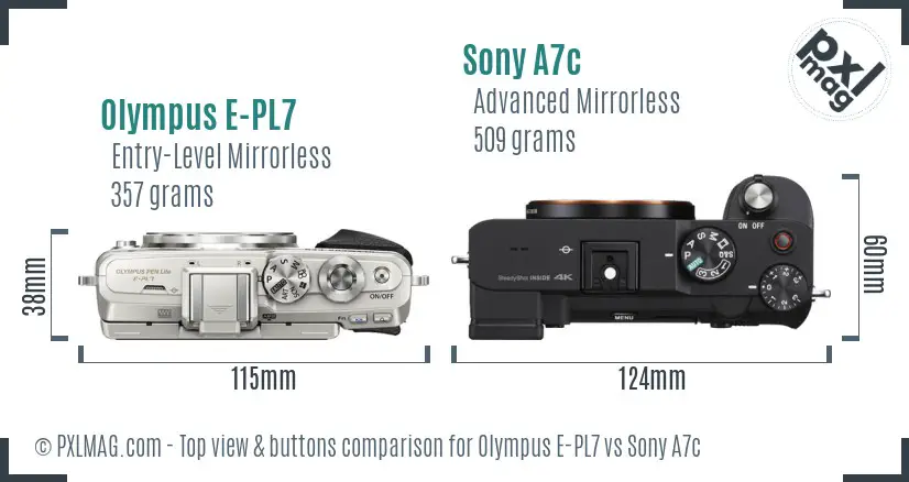 Olympus E-PL7 vs Sony A7c top view buttons comparison