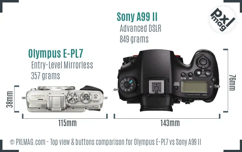 Olympus E-PL7 vs Sony A99 II top view buttons comparison