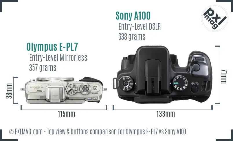 Olympus E-PL7 vs Sony A100 top view buttons comparison