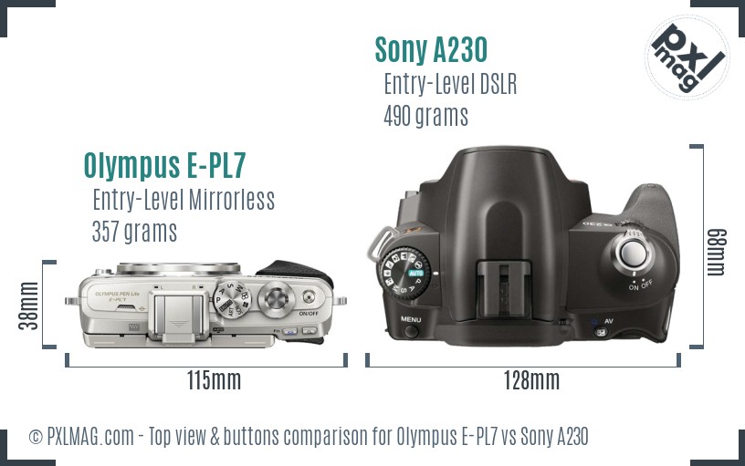 Olympus E-PL7 vs Sony A230 top view buttons comparison