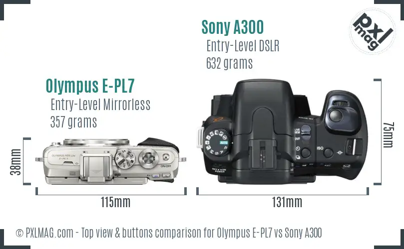 Olympus E-PL7 vs Sony A300 top view buttons comparison