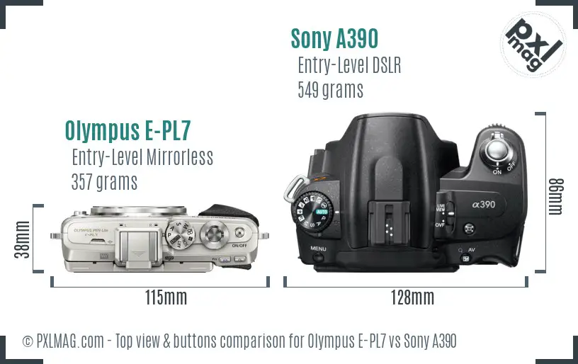 Olympus E-PL7 vs Sony A390 top view buttons comparison