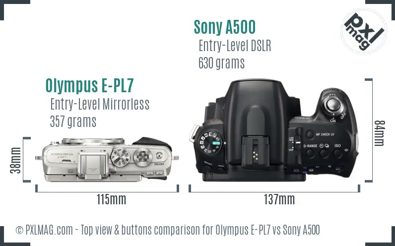 Olympus E-PL7 vs Sony A500 top view buttons comparison