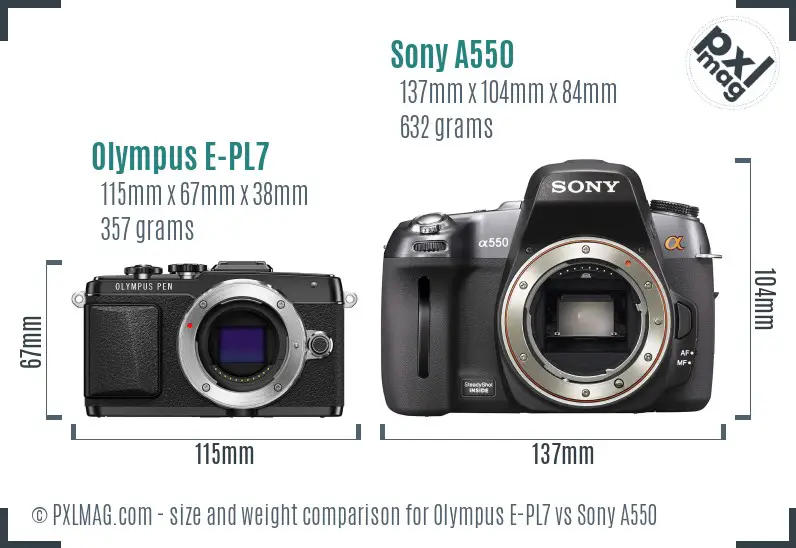 Olympus E-PL7 vs Sony A550 size comparison Olympus E-PL7 vs Sony A550 size comparison