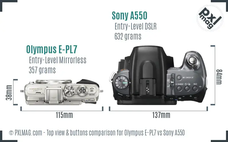 Olympus E-PL7 vs Sony A550 top view buttons comparison Olympus E-PL7 vs Sony A550 top view buttons comparison
