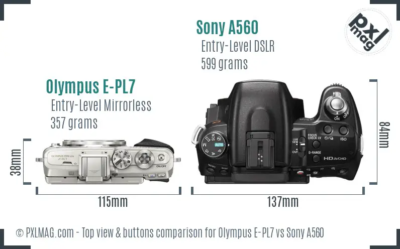 Olympus E-PL7 vs Sony A560 top view buttons comparison Olympus E-PL7 vs Sony A560 top view buttons comparison