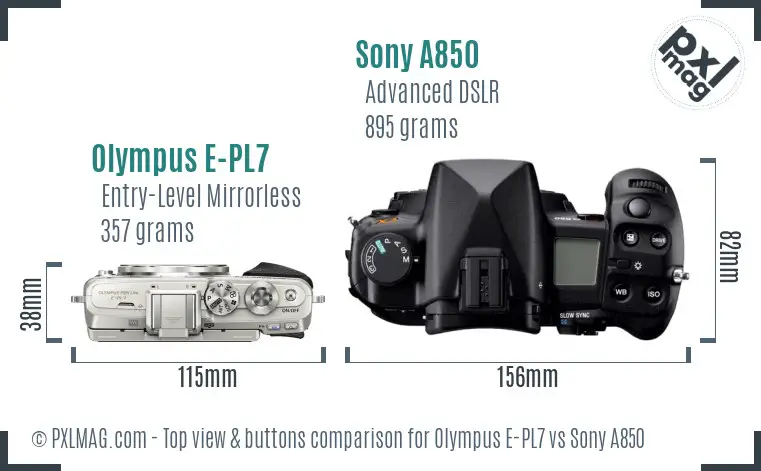 Olympus E-PL7 vs Sony A850 top view buttons comparison