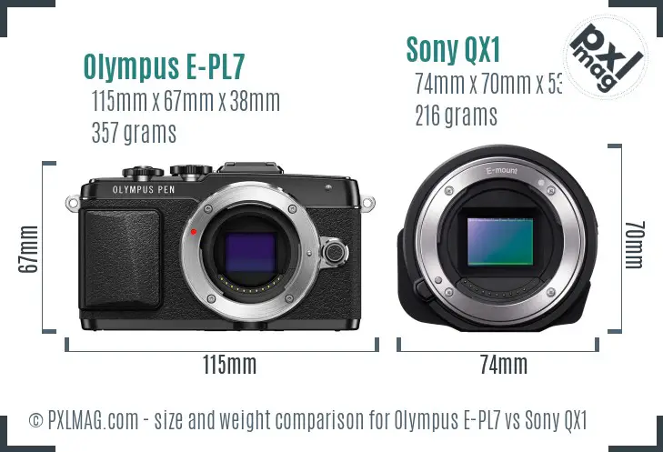 Olympus E-PL7 vs Sony QX1 size comparison