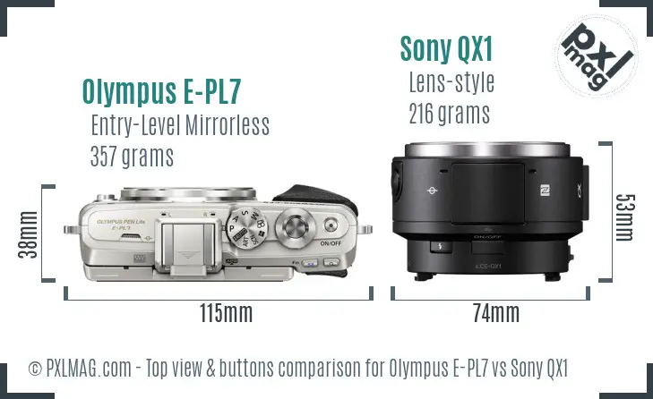 Olympus E-PL7 vs Sony QX1 top view buttons comparison