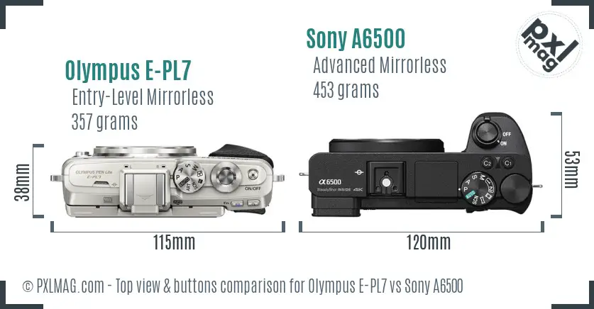 Olympus E-PL7 vs Sony A6500 top view buttons comparison Olympus E-PL7 vs Sony A6500 top view buttons comparison