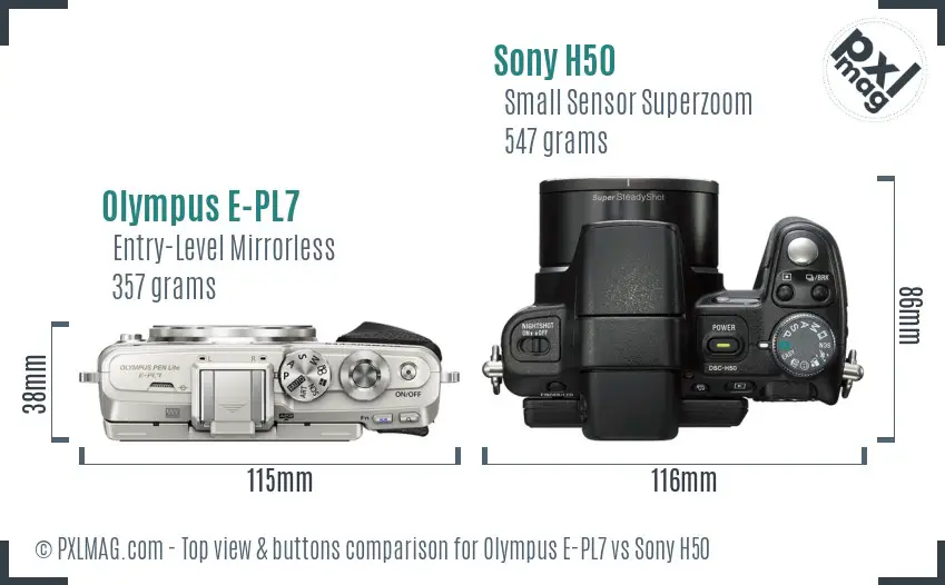 Olympus E-PL7 vs Sony H50 top view buttons comparison Olympus E-PL7 vs Sony H50 top view buttons comparison