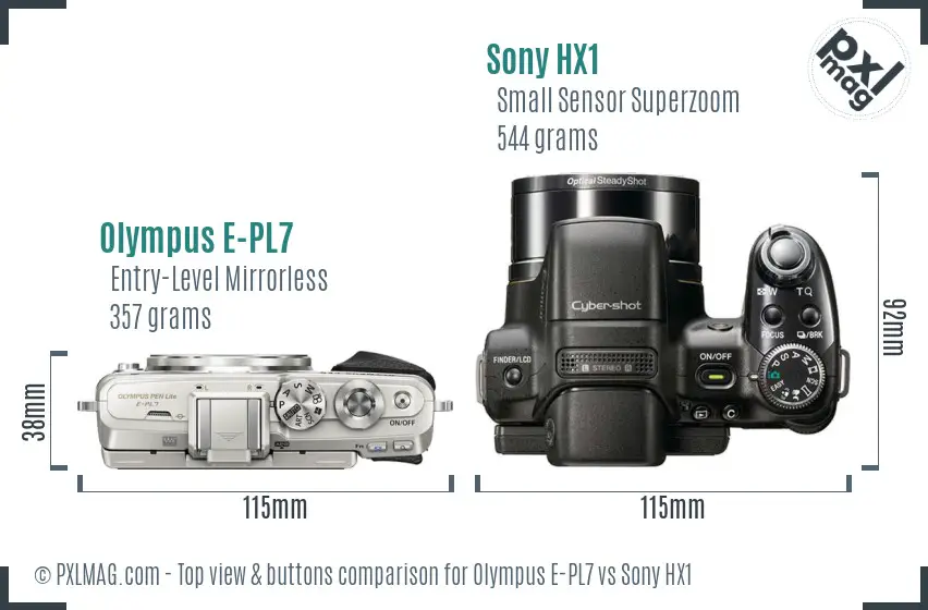 Olympus E-PL7 vs Sony HX1 top view buttons comparison