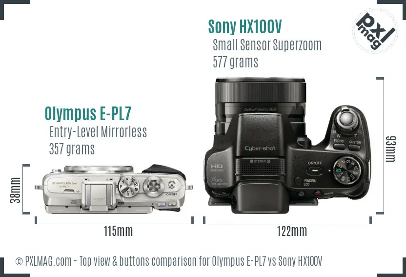 Olympus E-PL7 vs Sony HX100V top view buttons comparison