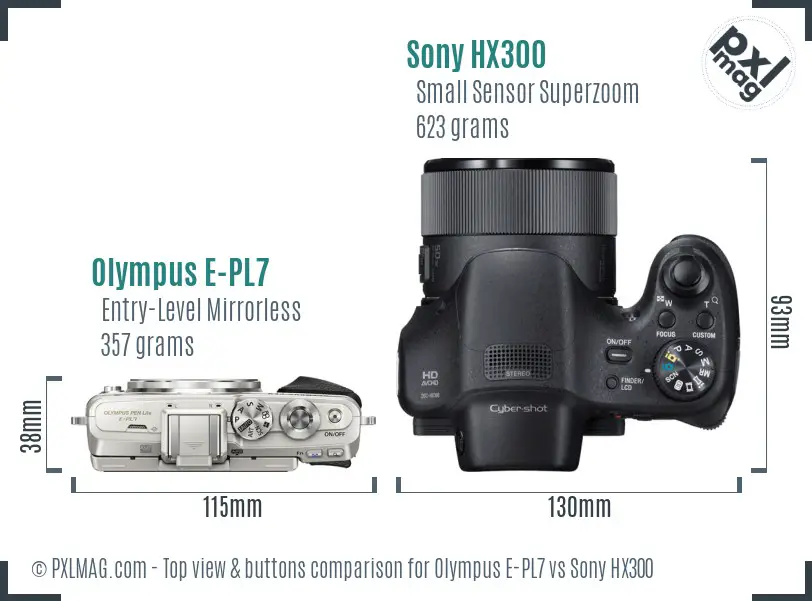 Olympus E-PL7 vs Sony HX300 top view buttons comparison