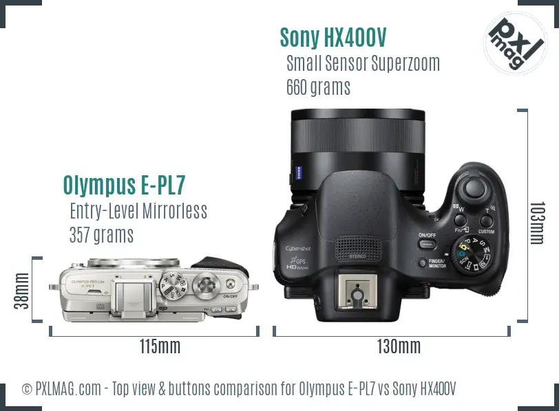 Olympus E-PL7 vs Sony HX400V top view buttons comparison
