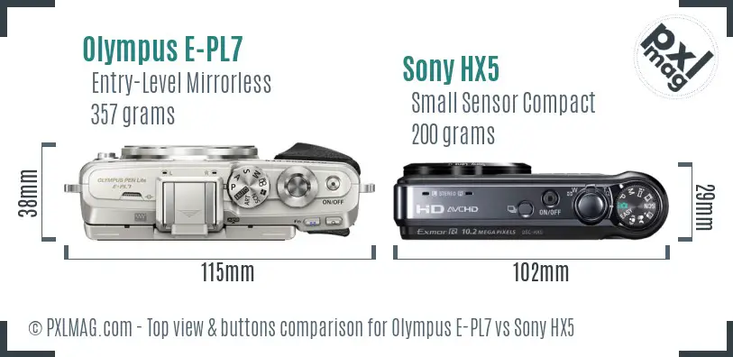 Olympus E-PL7 vs Sony HX5 top view buttons comparison