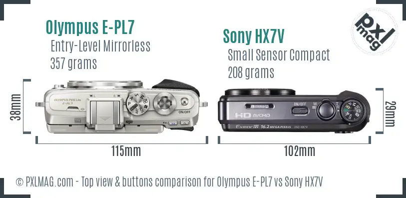 Olympus E-PL7 vs Sony HX7V top view buttons comparison