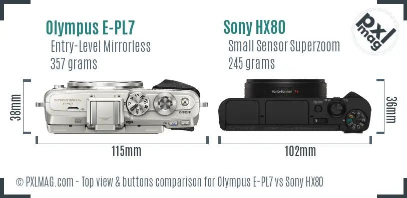 Olympus E-PL7 vs Sony HX80 top view buttons comparison