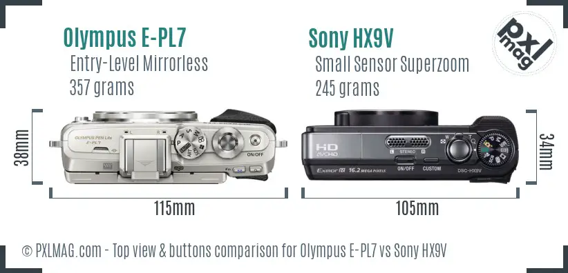 Olympus E-PL7 vs Sony HX9V top view buttons comparison