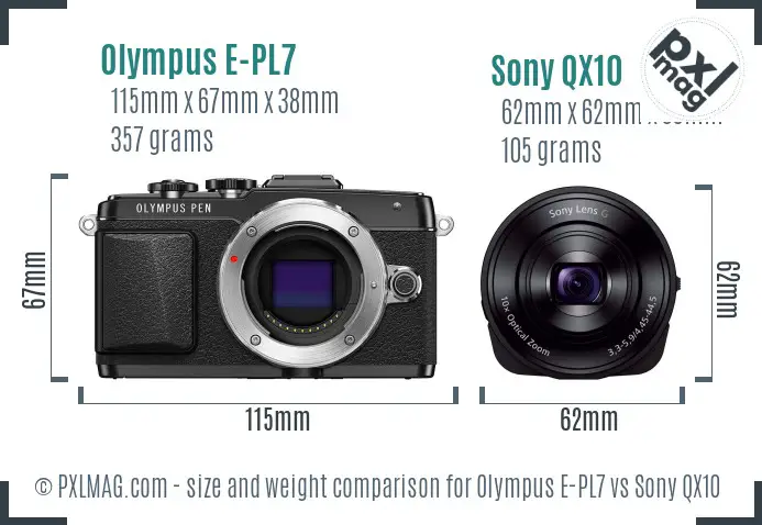 Olympus E-PL7 vs Sony QX10 size comparison