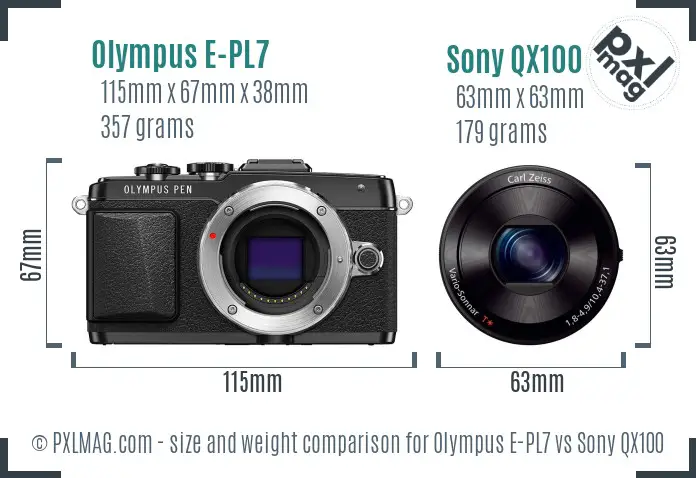 Olympus E-PL7 vs Sony QX100 size comparison