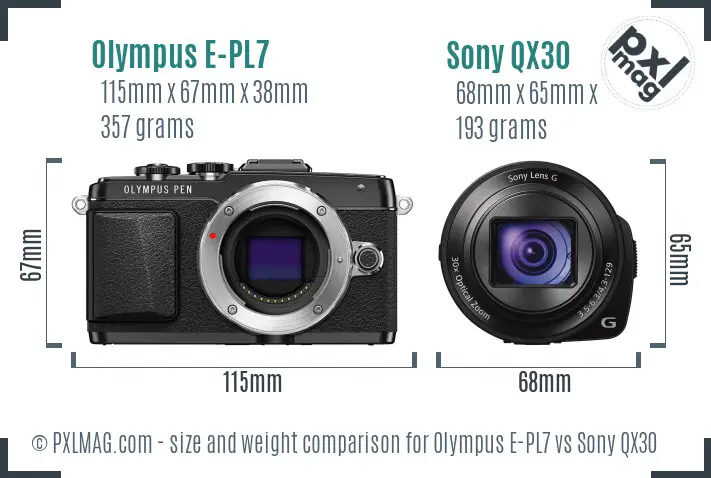Olympus E-PL7 vs Sony QX30 size comparison
