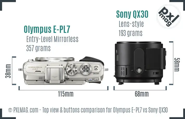 Olympus E-PL7 vs Sony QX30 top view buttons comparison