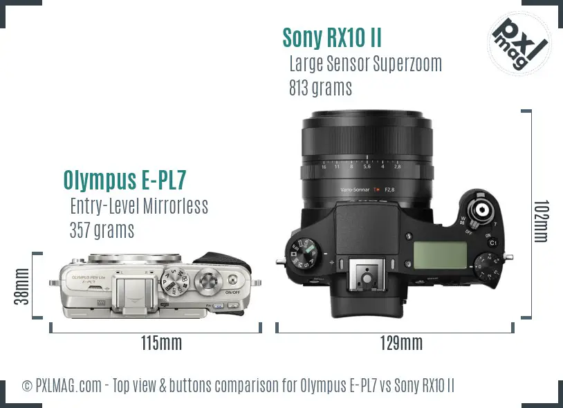 Olympus E-PL7 vs Sony RX10 II top view buttons comparison