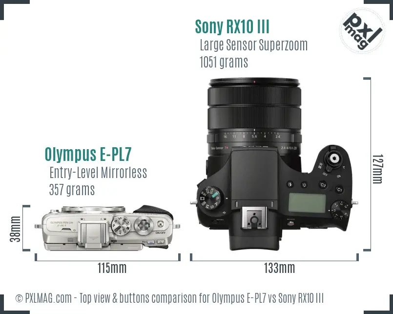 Olympus E-PL7 vs Sony RX10 III top view buttons comparison