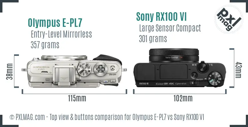 Olympus E-PL7 vs Sony RX100 VI top view buttons comparison Olympus E-PL7 vs Sony RX100 VI top view buttons comparison