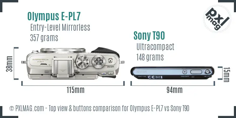 Olympus E-PL7 vs Sony T90 top view buttons comparison Olympus E-PL7 vs Sony T90 top view buttons comparison
