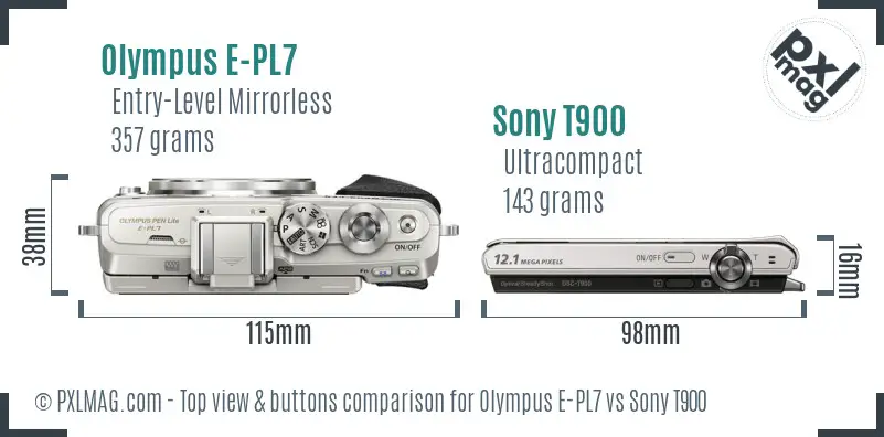Olympus E-PL7 vs Sony T900 top view buttons comparison Olympus E-PL7 vs Sony T900 top view buttons comparison