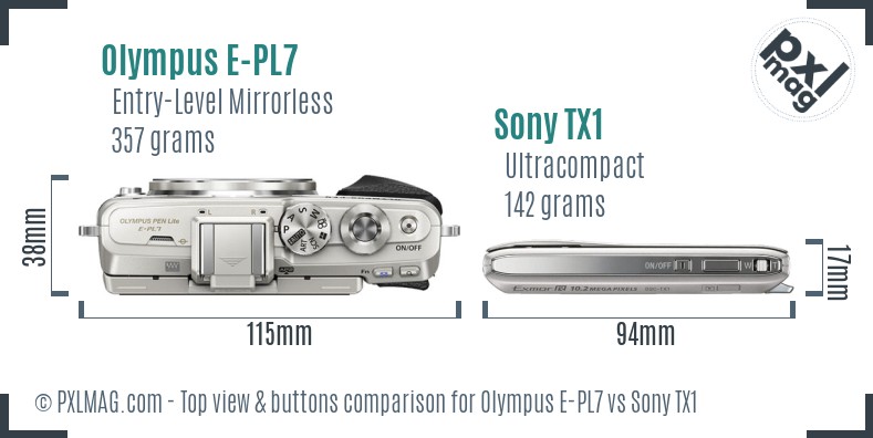 Olympus E-PL7 vs Sony TX1 top view buttons comparison