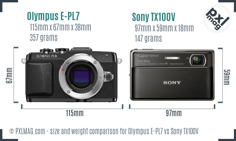 Olympus E-PL7 vs Sony TX100V size comparison Olympus E-PL7 vs Sony TX100V size comparison