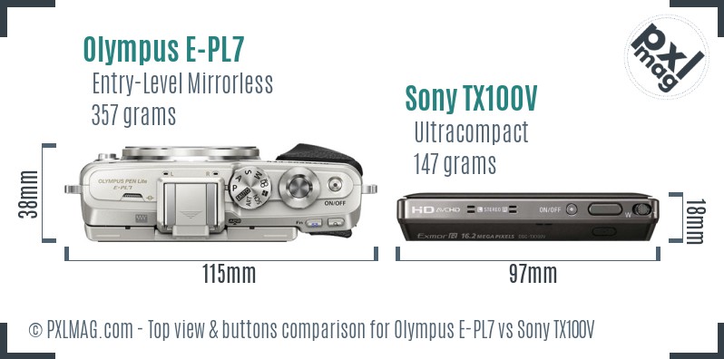 Olympus E-PL7 vs Sony TX100V top view buttons comparison