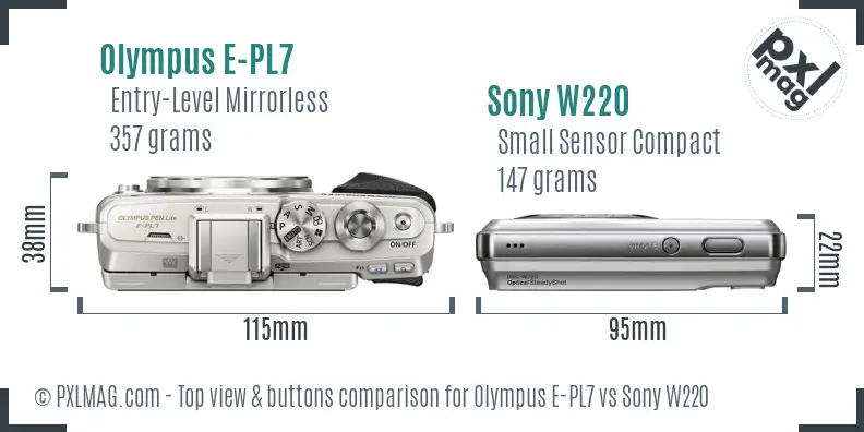 Olympus E-PL7 vs Sony W220 top view buttons comparison