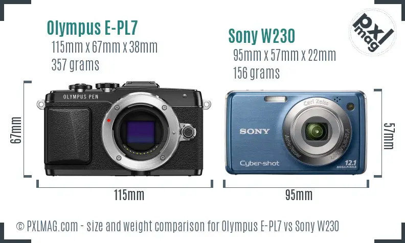 Olympus E-PL7 vs Sony W230 size comparison