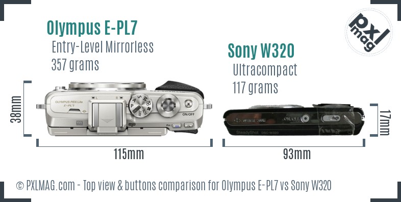 Olympus E-PL7 vs Sony W320 top view buttons comparison