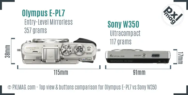 Olympus E-PL7 vs Sony W350 top view buttons comparison