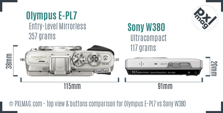 Olympus E-PL7 vs Sony W380 top view buttons comparison