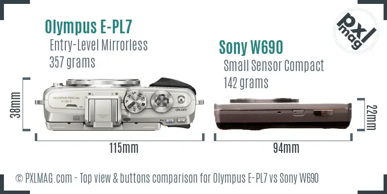 Olympus E-PL7 vs Sony W690 top view buttons comparison Olympus E-PL7 vs Sony W690 top view buttons comparison