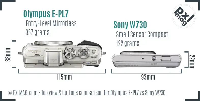 Olympus E-PL7 vs Sony W730 top view buttons comparison Olympus E-PL7 vs Sony W730 top view buttons comparison