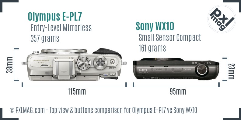 Olympus E-PL7 vs Sony WX10 top view buttons comparison