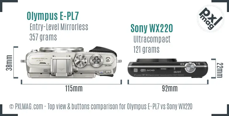 Olympus E-PL7 vs Sony WX220 top view buttons comparison