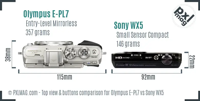 Olympus E-PL7 vs Sony WX5 top view buttons comparison