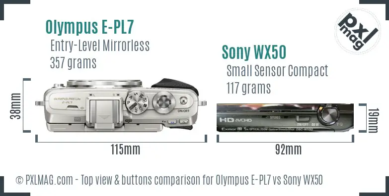 Olympus E-PL7 vs Sony WX50 top view buttons comparison Olympus E-PL7 vs Sony WX50 top view buttons comparison