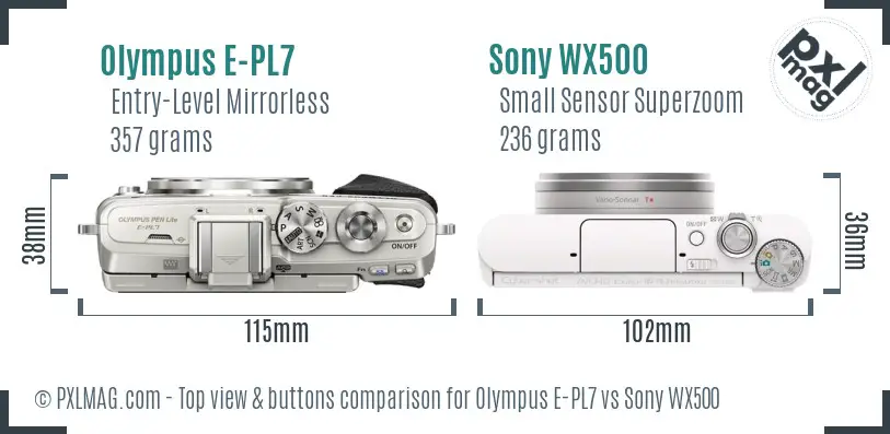 Olympus E-PL7 vs Sony WX500 top view buttons comparison