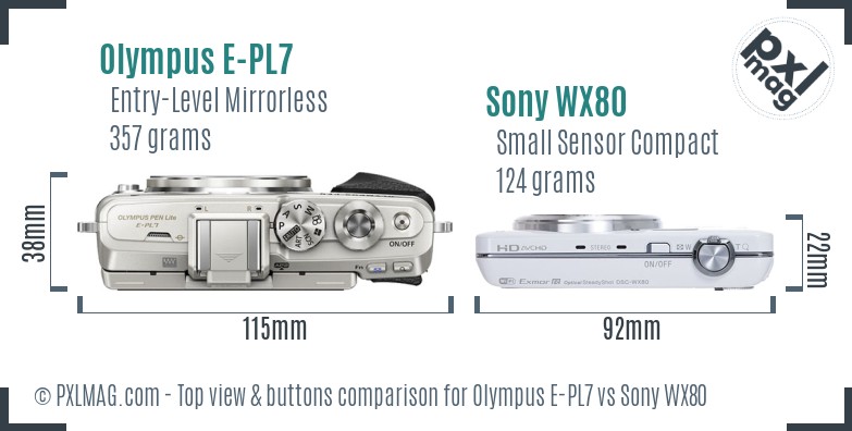 Olympus E-PL7 vs Sony WX80 top view buttons comparison