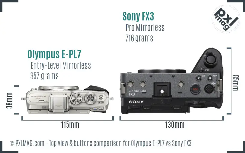 Olympus E-PL7 vs Sony FX3 top view buttons comparison